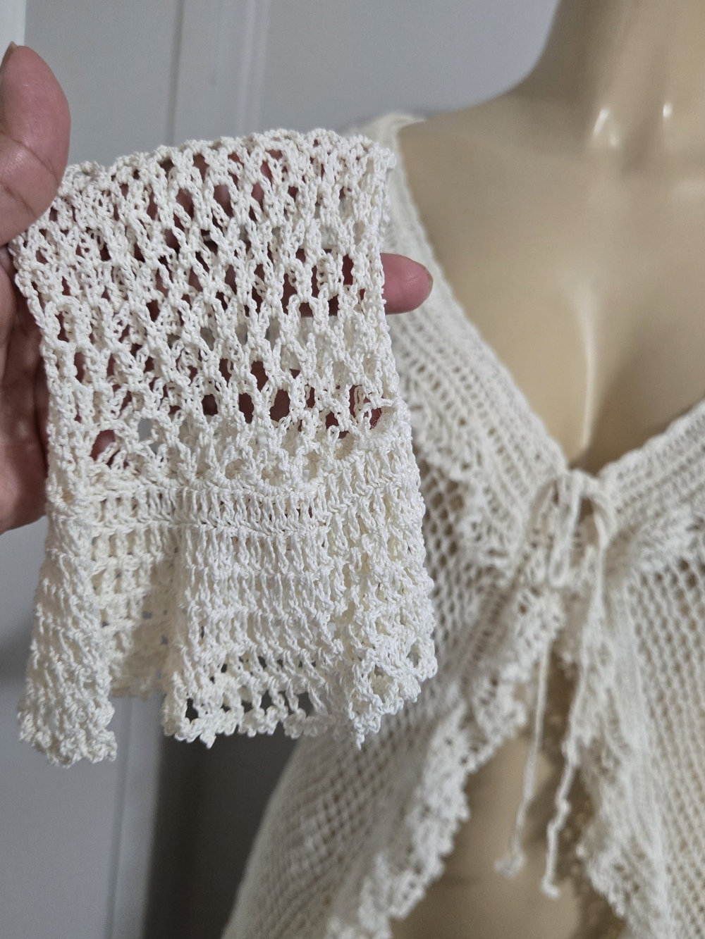 Cardigan Cream Crochet Open-Knit Tie-Front Blazer Jacket - Picture 5 of 11